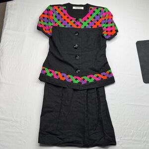 Vintage razooks two piece skirt suit 80s neon color with Multicolor Accents